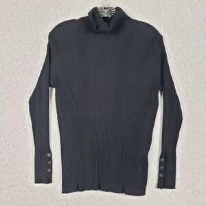 JM Collection Black Ribbed Turtleneck Sweater Long Sleeve Button Cuff PL